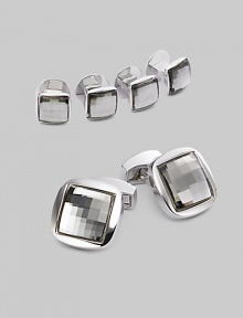 A luxury set that appoints a formal look with polished style, defined by Swarovski crystal detail in rhodium-plated metal. Set includes 2 cuff links and 4 matching shirt studs Cuff links: about ¾ square Shirt studs: about ¼ square Imported A luxury set that appoints a formal look with polished style, defined by Swarovski crystal detail in rhodium-plated metal. Set includes 2 cuff links and 4 matching shirt studs Cuff links: about ¾ square Shirt studs: about ¼ square Imported