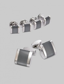 A luxury set that appoints a formal look with polished style, defined by fiber-optic glass band detail in rhodium-plated metal. Set includes 2 cuff links and 4 matching shirt studs Cuff links: about ¾ square Shirt studs: about ¼ square Imported A luxury set that appoints a formal look with polished style, defined by fiber-optic glass band detail in rhodium-plated metal. Set includes 2 cuff links and 4 matching shirt studs Cuff links: about ¾ square Shirt studs: about ¼ square Imported