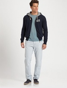 Lounge around all weekend long in this comfortable zip-front style in subtly striped, cotton with contrast lined hood and rope tie for an authentic, nautical feel.Zip frontAttached drawstring hoodSide slash pocketsBanded cuffs and hemCottonHand washImported Lounge around all weekend long in this comfortable zip-front style in subtly striped, cotton with contrast lined hood and rope tie for an authentic, nautical feel.Zip frontAttached drawstring hoodSide slash pocketsBanded cuffs and hemCottonHand washImported
