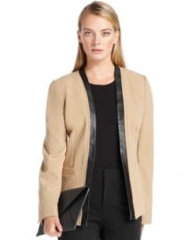 Calvin Klein's jacket is sheath with an open-front silhouette and faux leather trim at the placket and neck.