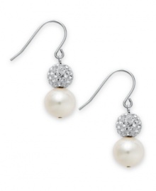Intricately crafted and topped with tons of sparkle, these sterling silver earrings feature cultured freshwater pearls (9-10 mm) and crystal balls. Approximate drop: 1 inch. Intricately crafted and topped with tons of sparkle, these sterling silver earrings feature cultured freshwater pearls (9-10 mm) and crystal balls. Approximate drop: 1 inch.