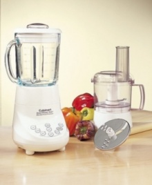 Two indispensable kitchen appliances in one, the Cuisinart food processor and blender will do all your slicing, dicing, shredding, and mixing for you. 40 oz. glass dripless pour spout jar. Ice crush button with pulse at any speed. 3-cup capacity work bowl with cover, feed tube, and pusher Stainless steel chopping blade. Reversible slicing/shredding disc. 7 speed. Style BFP-703. Two indispensable kitchen appliances in one, the Cuisinart food processor and blender will do all your slicing, dicing, shredding, and mixing for you. 40 oz. glass dripless pour spout jar. Ice crush button with pulse at any speed. 3-cup capacity work bowl with cover, feed tube, and pusher Stainless steel chopping blade. Reversible slicing/shredding disc. 7 speed. Style BFP-703.