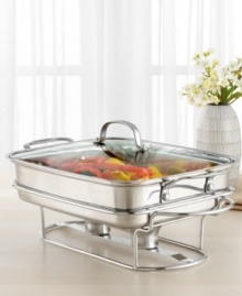 Now that's entertaining! Elegant and modern, this sleek buffet server lets guests help themselves, keeping food warm with 18/10 stainless steel construction and an aluminum-encapsulated bottom for fast and even heat distribution. Bring the pan directly from the oven or stovetop to buffet for a fresh, beautiful culinary display. Limited lifetime warranty. Now that's entertaining! Elegant and modern, this sleek buffet server lets guests help themselves, keeping food warm with 18/10 stainless steel construction and an aluminum-encapsulated bottom for fast and even heat distribution. Bring the pan directly from the oven or stovetop to buffet for a fresh, beautiful culinary display. Limited lifetime warranty.