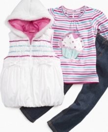 A dainty look in delicious colors, this fleece vest, long-sleeve tee and jeans set from Nannette is perfect for her sweet style. A dainty look in delicious colors, this fleece vest, long-sleeve tee and jeans set from Nannette is perfect for her sweet style.
