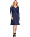 Plus size fashion that will have you looking sensational and slender. This three-quarter sleeve dress from Elementz' collection of plus size clothes features a slimming panel inset and an A-line shape.