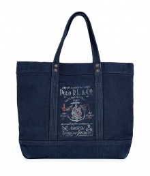 Blue, denim-style canvas tote from iconic American designer Ralph Lauren - Vintage-inspired logo and copper-colored rivits - Large and spacious with two carrying handles, its the perfect companion for shopping, travel or study Blue, denim-style canvas tote from iconic American designer Ralph Lauren - Vintage-inspired logo and copper-colored rivits - Large and spacious with two carrying handles, its the perfect companion for shopping, travel or study