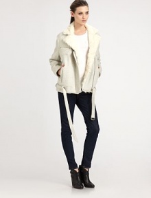 Cozy up to this cotton and wool-blend jacket with a plush shearling collar and self belt for a tailored fit. Shearling notched collarButton front; zipperZippered slash and flap pocket at chestFront slash pocketsRemovable self belt at hemAbout 26 from shoulder to hemBody: 60% cotton/40% virgin woolTrim: ShearlingDry clean with fur specialistImportedFur origin: ItalyModel shown is 5'10 (177cm) wearing US size Small.