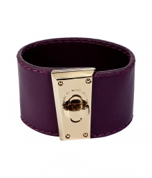 Add a tough-yet-chic accent to your look with this leather cuff from Marc by Marc Jacobs - Smooth leather cuff with gold-tone turn-lock logo closure - Pair with an elevated jeans-and-tee ensemble or a casual cocktail look Add a tough-yet-chic accent to your look with this leather cuff from Marc by Marc Jacobs - Smooth leather cuff with gold-tone turn-lock logo closure - Pair with an elevated jeans-and-tee ensemble or a casual cocktail look