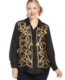 Land the look of luxury for less with Elementz' long sleeve plus size blouse, flaunting a status print.