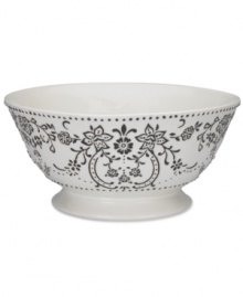 Oleg Cassini weaves a table of playful sophistication with the Ava centerpiece bowl, featuring lacy flowers and dots embossed and hand painted in black and white.