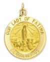 In honor of Our Lady of Fátima, this 14k gold circle charm is a great way to commemorate your faith. Script reads: Our Lady of Fatima Pray For Us. Approximate length: 8/10 inch. Approximate width: 6/10 inch.