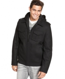 Let your outwear be anything but dull with the sleek, military-infused style of this wool zip-front jacket from Guess, fully equipped with a removable knit hood. Let your outwear be anything but dull with the sleek, military-infused style of this wool zip-front jacket from Guess, fully equipped with a removable knit hood.