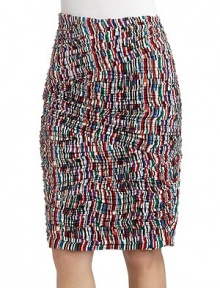 THE LOOKColorful abstract printRuched alloverPencil silhouetteSide zipper with hook-and-eye closureTHE FITAbout 24 longTHE MATERIAL95% silk/5% spandexFully linedCARE & ORIGINDry cleanImportedModel shown is 5'11 (180cm) wearing US size 4. THE LOOKColorful abstract printRuched alloverPencil silhouetteSide zipper with hook-and-eye closureTHE FITAbout 24 longTHE MATERIAL95% silk/5% spandexFully linedCARE & ORIGINDry cleanImportedModel shown is 5'11 (180cm) wearing US size 4.