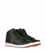 Stylish sneakers in olive-colored leather and nylon - From the top U.S. label Polo Ralph Lauren - Fashionable laces, white sole and orange logo accents - Ankle height - Perfect companion to any casual outfit with jeans, chinos and corduroys