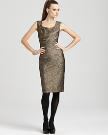 Gold metallic threads add glamour to this sleek MICHAEL Michael Kors sheath, tailored to perfection with an elegant draped neckline. Gold metallic threads add glamour to this sleek MICHAEL Michael Kors sheath, tailored to perfection with an elegant draped neckline.
