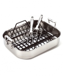 Convenience and ease mark All-Clad's roaster set, featuring a stainless steel pan with a three-ply bonded exterior and interior that conduct heat evenly and quickly through an aluminum core. A pair of turkey lifters guarantee a quick mess-free transfer from oven to platter, and a raised non-stick rack allows extra grease and juices to collect for easy-access basting, glazing and gravy-making. Limited Lifetime Warranty. Convenience and ease mark All-Clad's roaster set, featuring a stainless steel pan with a three-ply bonded exterior and interior that conduct heat evenly and quickly through an aluminum core. A pair of turkey lifters guarantee a quick mess-free transfer from oven to platter, and a raised non-stick rack allows extra grease and juices to collect for easy-access basting, glazing and gravy-making. Limited Lifetime Warranty.