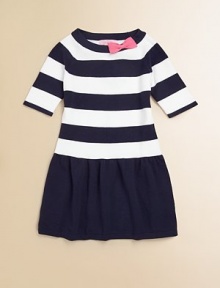 Your little sailor girl will look the part in this adorable, nautical-inspired frock with bold stripes and contrasting bow.BoatneckThree-quarter length sleevesPullover styleSlight drop-waistCottonMachine washImported Your little sailor girl will look the part in this adorable, nautical-inspired frock with bold stripes and contrasting bow.BoatneckThree-quarter length sleevesPullover styleSlight drop-waistCottonMachine washImported