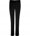 Stylish pants in fine, black wool blend - Truly comfortable, thanks to a touch of stretch - Slim cut flares gently at hem, crease detail accentuates a long, lean silhouette - Tab closure, with zip fly and belt loops - Medium rise, with two single welt button pockets - Tiny V slit detail at back waistband - Versatile and polished, an indispensable basic -  Style with light cashmere pullovers, silk blouses and draped tops