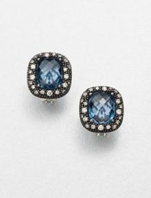 From the Moonlight Ice Collection. A rich style with a faceted blue topaz stone set in blackened sterling silver with brilliant diamond accents. Blue topazBlackened sterling silverDiamonds, .43 tcwSize, about .39Post backImported From the Moonlight Ice Collection. A rich style with a faceted blue topaz stone set in blackened sterling silver with brilliant diamond accents. Blue topazBlackened sterling silverDiamonds, .43 tcwSize, about .39Post backImported