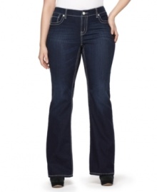 Put a 70's spin on your denim with Seven7 Jeans' plus size flared jeans, featuring a flattering dark wash. (Clearance)