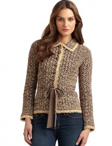 THE LOOKMarled crochet designScalloped collarFront button closureLong scalloped cuff sleevesWoven bow beltScalloped hemTHE FITAbout 22 from shoulder to hemTHE MATERIALCottonCARE & ORIGINDry cleanMade in ItalyModel shown is 5'10 (177cm) wearing US size 4. THE LOOKMarled crochet designScalloped collarFront button closureLong scalloped cuff sleevesWoven bow beltScalloped hemTHE FITAbout 22 from shoulder to hemTHE MATERIALCottonCARE & ORIGINDry cleanMade in ItalyModel shown is 5'10 (177cm) wearing US size 4.
