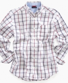 He'll love getting dressed in a sport shirt that's got all the grown-up details: Checked long-sleeved woven from Tommy Hilfiger with full button front closure and left chest pocket with Tommy flag embroidery. He'll love getting dressed in a sport shirt that's got all the grown-up details: Checked long-sleeved woven from Tommy Hilfiger with full button front closure and left chest pocket with Tommy flag embroidery.