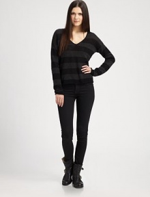 Lightweight cashmere v-neck in a striped, slightly cropped silhouette. V-neckLong sleevesCropped hemCashmereDry cleanImportedModel shown is 5'9½ (176cm) wearing US size Small.