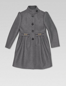 A beautiful, button-front felt coat with horsebit detail, front pockets and GG lining.Stand up collarLong sleevesButton-frontFlap pockets with metal horsebit and pleatsBack button panel70% wool/20% polyamide/10% cashmereDry cleanMade in Italy Please note: Number of buttons may vary depending on size ordered. A beautiful, button-front felt coat with horsebit detail, front pockets and GG lining.Stand up collarLong sleevesButton-frontFlap pockets with metal horsebit and pleatsBack button panel70% wool/20% polyamide/10% cashmereDry cleanMade in Italy Please note: Number of buttons may vary depending on size ordered.