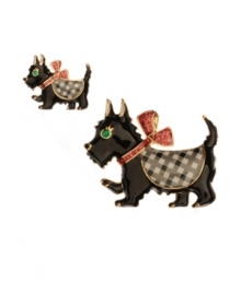 Sweet and stylish. Betsey Johnson's set of Scottish terrier pins shows off canine chic at its finest! Decked out in gingham coats and glitter bows, these pretty pups are accented by colored crystals. Crafted in gold tone mixed metal. Includes a gift box. Approximate length: 1-6/10 inches. Approximate width: 1-9/10 inches (large pin). Approximate length: 8/10 inch. Approximate width: 1 inch (small pin).