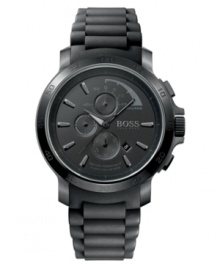 Cross over to the dark side with this handsome watch by Hugo Boss. Black silicone strap and round black ion-plated stainless steel case. Chronograph black dial with black stick indices, date window, logo and three subdials. Quartz movement. Water resistant to 50 meters. Two-year limited warranty. Cross over to the dark side with this handsome watch by Hugo Boss. Black silicone strap and round black ion-plated stainless steel case. Chronograph black dial with black stick indices, date window, logo and three subdials. Quartz movement. Water resistant to 50 meters. Two-year limited warranty.