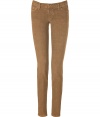 Stylish skinny pant in cashew stretch corduroy from cult label Current Elliott - Fine wale - Ultra-slim, feminine fit - -Low rise hits at hip- Five pocket detail, wide belt loops - A sexy, flattering wardrobe staple - Pair with blazers, long cardigans and cashmere pullovers