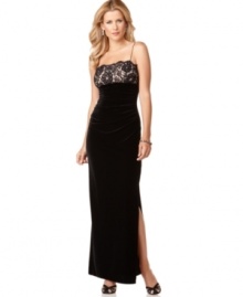 JS Boutique fashions this evening gown with beautiful lace overlay at the bust and a full-length skirt made of a sumptuous velour.