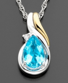Beauty, true and blue. This faceted pear-cut blue topaz (1 ct. t.w.) set in 14k gold & sterling silver is enhanced with round-cut diamond accents and hangs from a sterling silver chain. Approximate length: 18 inches. Approximate drop: 1/2 inches. Beauty, true and blue. This faceted pear-cut blue topaz (1 ct. t.w.) set in 14k gold & sterling silver is enhanced with round-cut diamond accents and hangs from a sterling silver chain. Approximate length: 18 inches. Approximate drop: 1/2 inches.