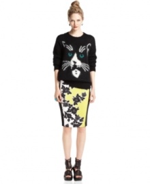 Graphic florals add a modern edge to this otherwise feminine Bar III pencil skirt -- combine it with a contrasting print! Graphic florals add a modern edge to this otherwise feminine Bar III pencil skirt -- combine it with a contrasting print!