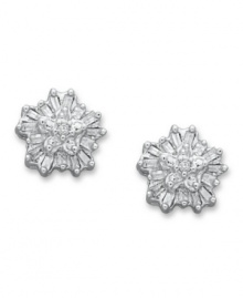 Star light star bright. These dazzling starburst-shaped stud earrings combine round and baguette-cut diamonds (1/5 ct. t.w.) in a sterling silver setting. Approximate diameter: 1/3 inch x 1/5 inch. Star light star bright. These dazzling starburst-shaped stud earrings combine round and baguette-cut diamonds (1/5 ct. t.w.) in a sterling silver setting. Approximate diameter: 1/3 inch x 1/5 inch.