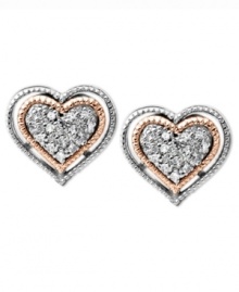 Even more to love. The sterling silver and 14k rose gold stud earrings feature single-cut diamonds in a stunning display. Approximate drop: 3/8 inch. Approximate width: 3/8 inch. Even more to love. The sterling silver and 14k rose gold stud earrings feature single-cut diamonds in a stunning display. Approximate drop: 3/8 inch. Approximate width: 3/8 inch.