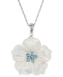 Say it with a flower. This sterling silver necklace, with white mother of pearl (30 mm) and round-cut blue topaz (7/8 ct. t.w.), makes an elegant statement. Approximate length: 18 inches. Approximate drop: 1-1/2 inches. Say it with a flower. This sterling silver necklace, with white mother of pearl (30 mm) and round-cut blue topaz (7/8 ct. t.w.), makes an elegant statement. Approximate length: 18 inches. Approximate drop: 1-1/2 inches.