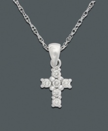 A sparkling token of your faith. Delicately small cross pendant features round-cut diamond (1/8 ct. t.w.) set in 14k white gold. Approximate length: 18 inches. Approximate drop: 1/2 inch. A sparkling token of your faith. Delicately small cross pendant features round-cut diamond (1/8 ct. t.w.) set in 14k white gold. Approximate length: 18 inches. Approximate drop: 1/2 inch.