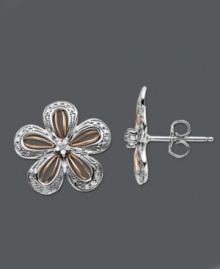 Frame your face with sweet, sparkling blooms. Flower stud earrings feature a 14k rose gold and sterling silver setting accented by round-cut diamonds (1/8 ct. t.w.). Approximate diameter: 1/2 inch.