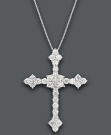 Spiritual by design. This dazzling diamond (1-1/2 ct. t.w.) cross pendant features intricate floral-shaped edges set in 14k white gold. Approximate length: 18 inches. Approximate drop: 1-1/4 inches. Spiritual by design. This dazzling diamond (1-1/2 ct. t.w.) cross pendant features intricate floral-shaped edges set in 14k white gold. Approximate length: 18 inches. Approximate drop: 1-1/4 inches.