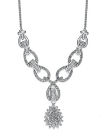 Adorn your neckline with just the right amount of sparkle. This stunning necklace incorporates cut-out links and a pear-shaped sunburst pendant accented by round-cut diamonds (1 ct. t.w.). Set in 14k white gold. Approximate length: 16-1/2 inches. Approximate drop: 1 inch. Adorn your neckline with just the right amount of sparkle. This stunning necklace incorporates cut-out links and a pear-shaped sunburst pendant accented by round-cut diamonds (1 ct. t.w.). Set in 14k white gold. Approximate length: 16-1/2 inches. Approximate drop: 1 inch.