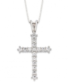 A sparkling representation of your faith. Crafted in 14k white gold, this stunning cross pendant is covered in round-cut diamonds (1/2 ct. t.w.). Approximate length: 18 inches. Approximate drop: 11/16 inch. A sparkling representation of your faith. Crafted in 14k white gold, this stunning cross pendant is covered in round-cut diamonds (1/2 ct. t.w.). Approximate length: 18 inches. Approximate drop: 11/16 inch.