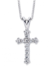 A sparkling representation of your faith. Crafted in 14k white gold, this stunning cross pendant is covered in round-cut diamonds (1/10 ct. t.w.). Approximate length: 18 inches. Approximate drop: 11/16 inch. A sparkling representation of your faith. Crafted in 14k white gold, this stunning cross pendant is covered in round-cut diamonds (1/10 ct. t.w.). Approximate length: 18 inches. Approximate drop: 11/16 inch.