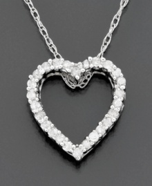 The way to her heart… a diamond necklace with heart pendant. Give her a sentimental gift gleaming with round-cut diamonds (1/10 ct. t.w.) set in 14k white gold. Chain measures 18 inches; pendant drop measures 1/2 inch. The way to her heart… a diamond necklace with heart pendant. Give her a sentimental gift gleaming with round-cut diamonds (1/10 ct. t.w.) set in 14k white gold. Chain measures 18 inches; pendant drop measures 1/2 inch.