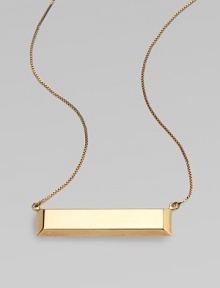 Stunning in its simplicity, this golden ingot-shaped pendant hangs from a bold box chain with a vintage finish.BrassChain length, about 14Pendant, about 2½L X ½WLobster claspMade in Italy Stunning in its simplicity, this golden ingot-shaped pendant hangs from a bold box chain with a vintage finish.BrassChain length, about 14Pendant, about 2½L X ½WLobster claspMade in Italy