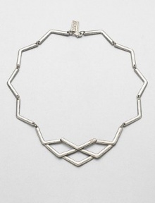 A graphic design with angled links that create a visually unique design. SilverplatedLength, about 16Lobster clasp closureMade in USA A graphic design with angled links that create a visually unique design. SilverplatedLength, about 16Lobster clasp closureMade in USA