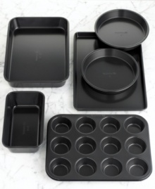 Turn your baked goods into baked greats! This bakeware set from Simply Calphalon features heavyweight construction to withstand daily trips to the oven, while the durable nonstick coating lets your baked treats slide right out. 10-year warranty. Turn your baked goods into baked greats! This bakeware set from Simply Calphalon features heavyweight construction to withstand daily trips to the oven, while the durable nonstick coating lets your baked treats slide right out. 10-year warranty.