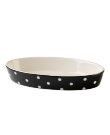 Make no stops from the oven to the table with this elegant oval dish. Adorned with a classic hand-painted dot pattern on a fun range of mix and match colors. Make no stops from the oven to the table with this elegant oval dish. Adorned with a classic hand-painted dot pattern on a fun range of mix and match colors.