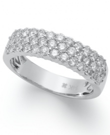Three spectacular rows of sparkle. This stunning wedding band features round-cut diamonds (1 ct. t.w.) set in 14k white gold. Three spectacular rows of sparkle. This stunning wedding band features round-cut diamonds (1 ct. t.w.) set in 14k white gold.