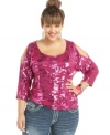 Make a memorable entrance in Eyeshadow's cold-shoulder plus size top, highlighted by a sequined front.